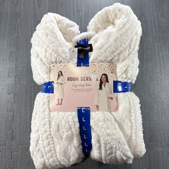 Room Service Cozy Wrap Robe Cable Textured Jacquard Fabric Ivory Large NWT - Picture 2 of 4